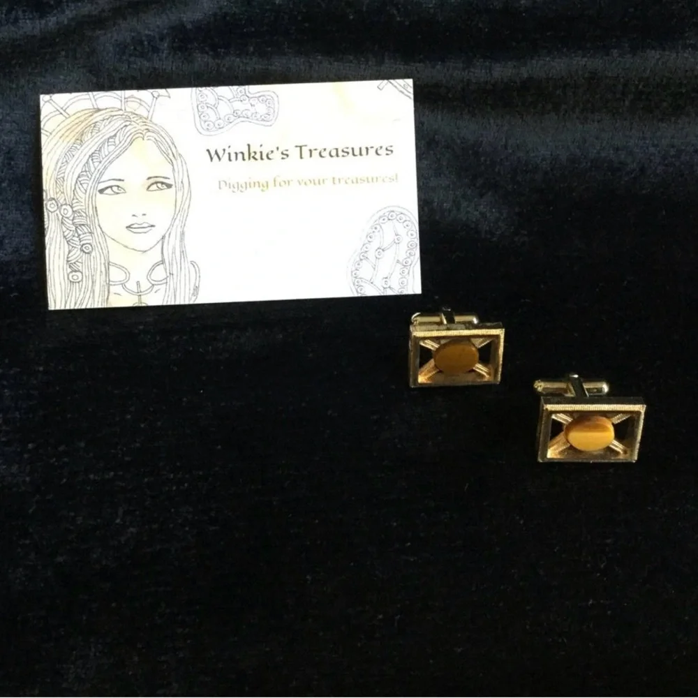 Vintage Genuine Gold-tone Tiger Eye Cuff Links